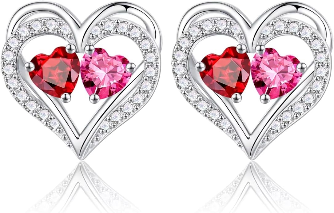 Iefil Birthstone Earrings for Women - 925 Sterling Silver Heart Earrings Anniversary Birthday Gifts for Women Wife Girlfriend Mom
