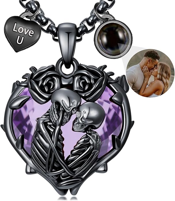 Flpruy 925 Sterling Silver Black Gothic Jewelry Gifts Skeleton Couple Pendant Crystal Birthstone Heart Necklace Punk Romantic Jewelry for Lover Men Women