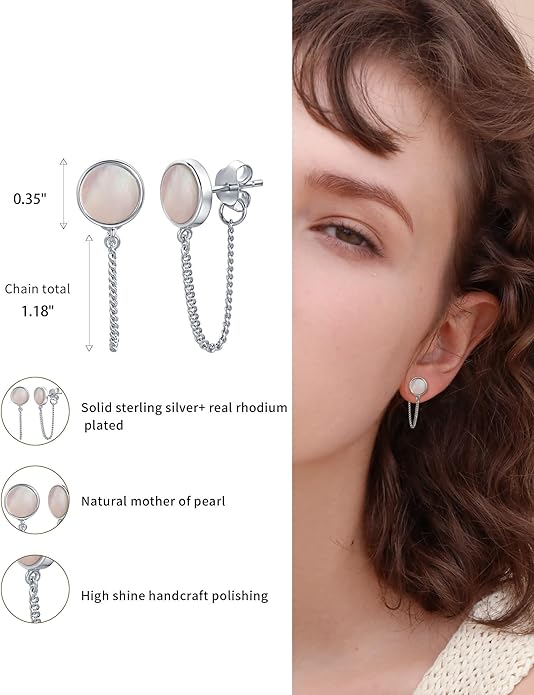 S.Leaf Gold Stud Earrings for Women 925 Sterling Silver Hypoallergenic Mother of Pearl Shell Stud Chain Earrings Friendship Jewelry Gifts for Women Her