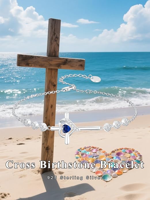 Cross Birthstone Charm Link Bracelet 925 Sterling Silver Cross Bracelet with 12 Months Birthstone Religious Christian Jewelry Gifts for Women Mom Her,Chain Length 7"+2" Extend