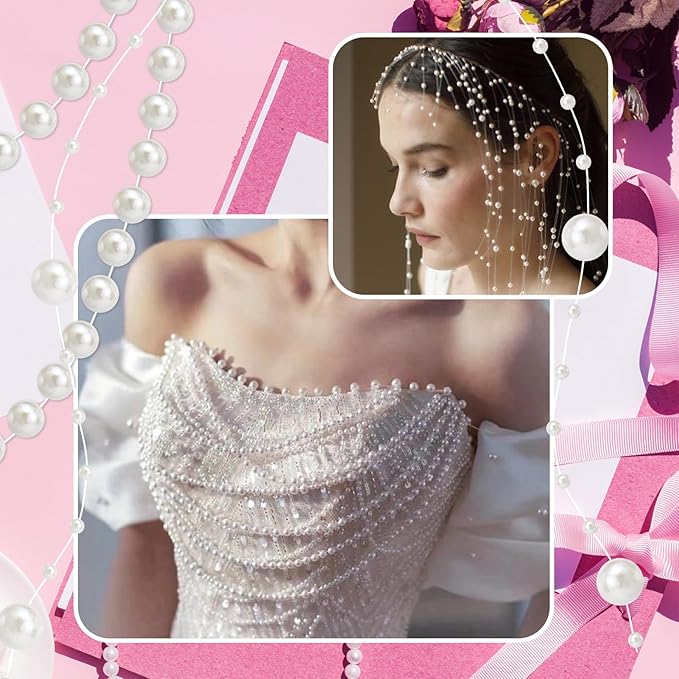 Towenm 4 Rolls 76 Feet Pearls String Garland, Faux Pearl Beads Roll Strand for Crafts, Artificial Pearls Chain Trim for Wedding Party Flower Valentine Christmas Decoration, 4mm 6mm 8mm 8+3mm, Ivory