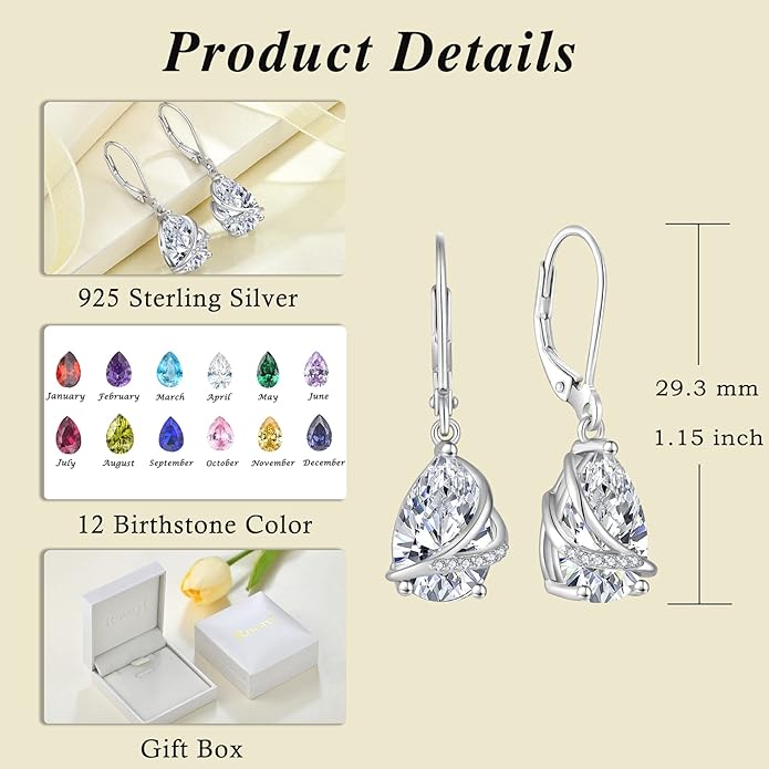 Birthstone Dangle Drop Earrings for Women 925 Sterling Silver Teardrop Leverback Earrings Jewelry Gifts for Wife Mother Her