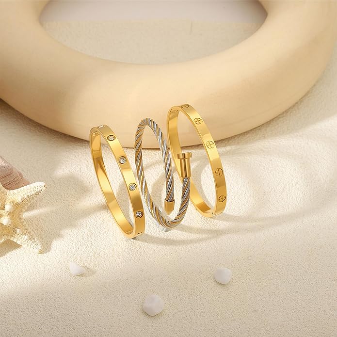 Gold Bracelets for Women - Stackable Bangles with Friendship & Love Theme - Stainless Steel Jewelry Gift for Her