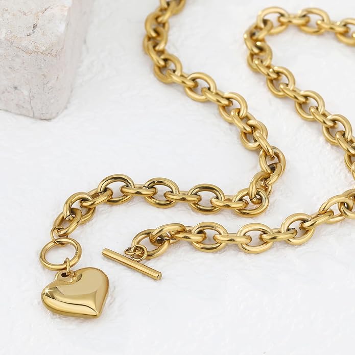 Chunky Gold Necklace for Women, 18K Waterproof Heart Necklace Statement Necklace Gold Charm Necklace Chunky Jewelry Paperclip Chain Choker Gift for Women