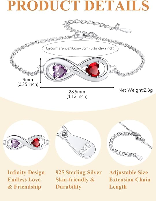 Custom4U Personalized Infinity Love Symbol Link Bracelets for Women 925 Sterling Silver Birthstone Bracelet Adjustable Engraved Chain Christmas Mother's Day Birthday Jewelry Gifts for Mom Her