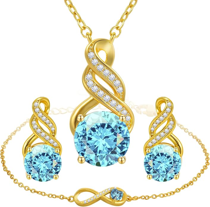HNPHQT Jewelry Sets for Women-18K Gold Plated Dainty Birthstone Pendant,Trendy Necklace Earrings Infinity Bracelets Set,Ideal Jewelry Gifts for Her Mom