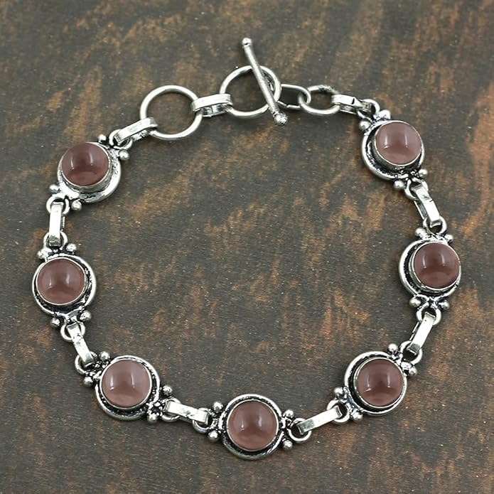 Round Shape Natural & Synthetic Gemstones Silver Plated Bracelets for Women - Vintage Bohemian Style Handmade Birthstone Adjustable Link Bracelet Jewelry Gifts for Wedding Anniversary Mother's Day
