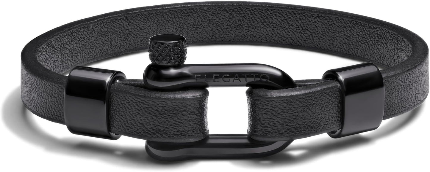 Elegatto Morelle Premium Leather Bracelet for Men | Full-Grain Black Leather with Silver Polished Stainless Steel Shackle Closure | Men’s Designer Jewelry