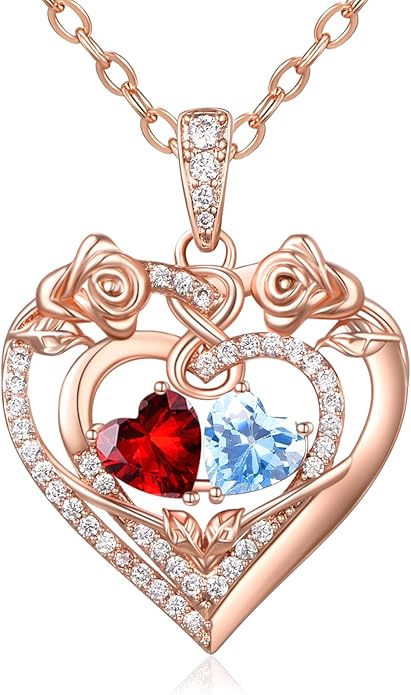 JIYVY32 Rose Heart Necklace for Women Exquisite 925 Sterling Silver Anniversary Birthday Gifts for Wife Mom Her Double Birthstone Pendant Jewelry