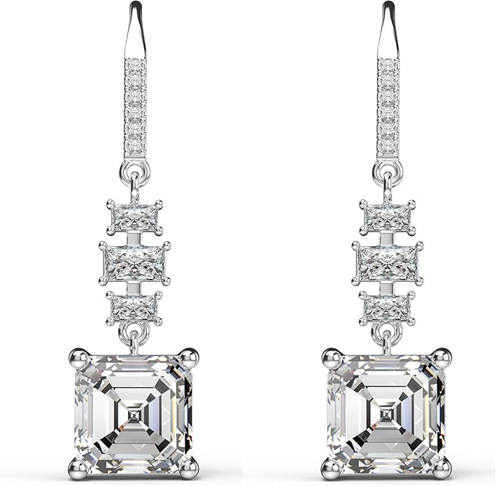 18K White Gold Plated Sterling Silver Asscher Cut Cubic Zirconia Dangle Earrings for Women Square CZ Diamond Drop Dangling Earrings for Women Mom