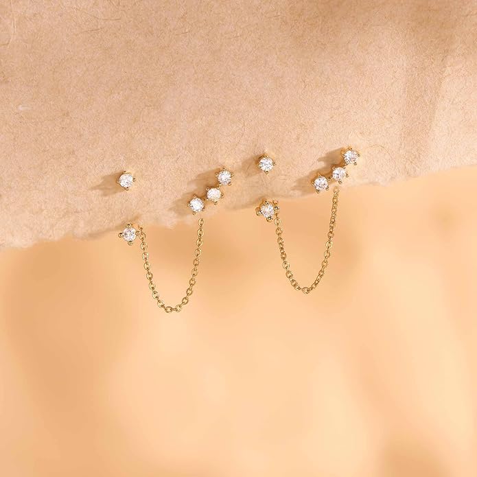 Freekiss Gold Chain Studs Earrings for Women Trendy: Hypoallergenic 14K Gold Plated Dangle Earrings Dainty Small Long Chain Earring Set Fashion Gold Jewelry for Women