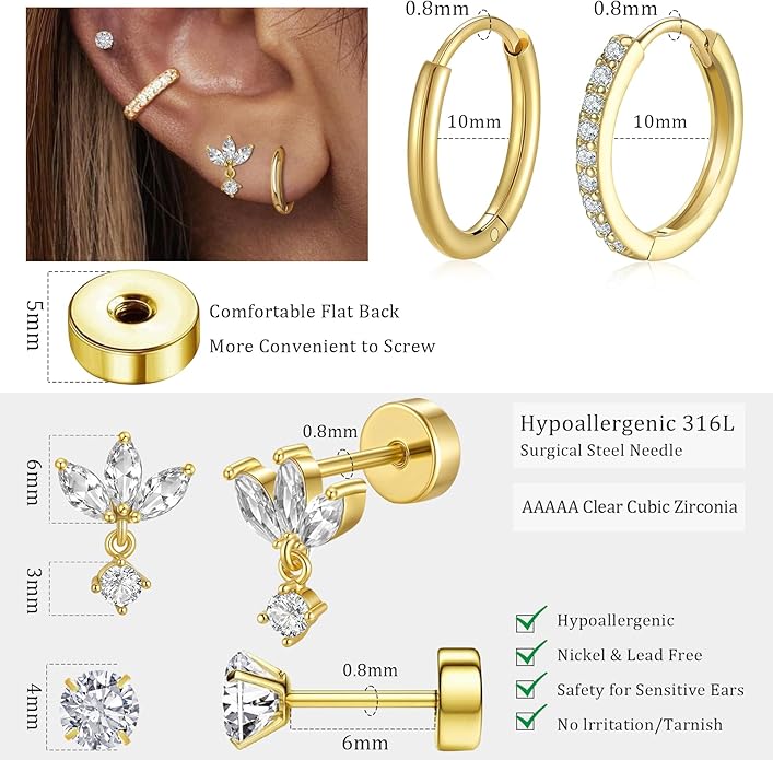 Gold Hoop Earrings for Women - 4 Pairs 14K Gold Plated Dainty Huggie Stacks Set for Multiple Piercing, Hypoallergenic Cartilage Earrings CZ Trendy Fashion Jewelry