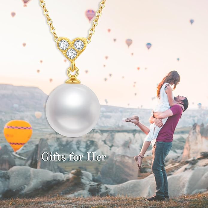14K Solid Gold Pearl Necklace for Women Real Gold Bow/Heart/Dolphin Pearl Necklace Solitaire Freshwater Cultured Pearls Pendant Jewelry Valentine's Mothers Anniversary Birthday Gifts for Mom Grandma Girlfriend Sister Mom