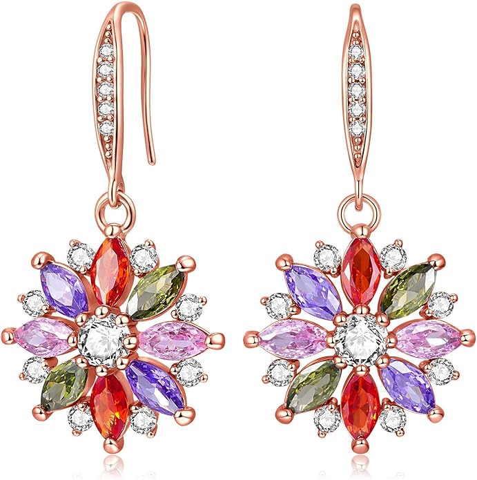 VONSSY Colorful Snowflake Pendant Necklace Earrings Rose Gold 5A Cubic Zirconia | Crystal Sweater Chain | Multi Gemstone Garnet Amethyst Morganite Peridot Prom Rhinestone Necklaces for Women Vintage Stylish Gift