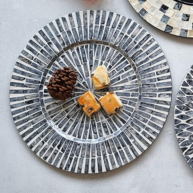 i-lan Set of 2 Mother of Pearl Decorative Charger Plates for Display, 13" Sea Shell Inlay Wood Charger Plates for Dining, Party, Modern and Rustic Decoration Placemats for Dinner Plates,Black Ray