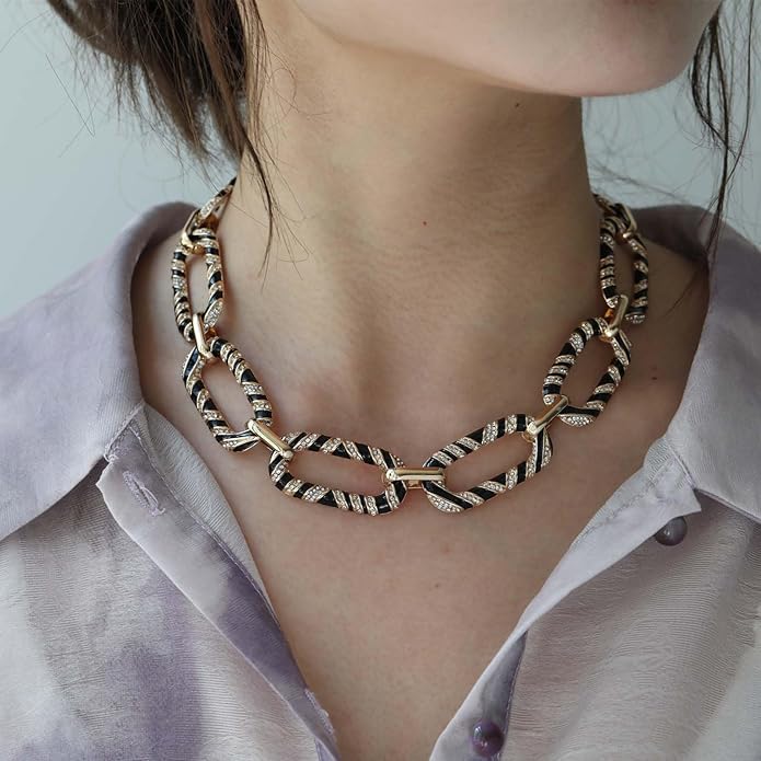 Chunky Chain Necklace Geometric Links Collar Necklace, Animal Prints Black and White Enamelled with Rhinestone Embellished Details Women Gifts