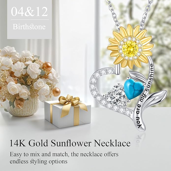 PERJI Valentine's Day Gifts for Women - 925 Sterling Silver Double Birthstone Sunflower Necklace, Anniversary Birthday Jewelry You are My Sunshine Gifts for Wife Couple Girlfriend 18"+2" Non Tarnish