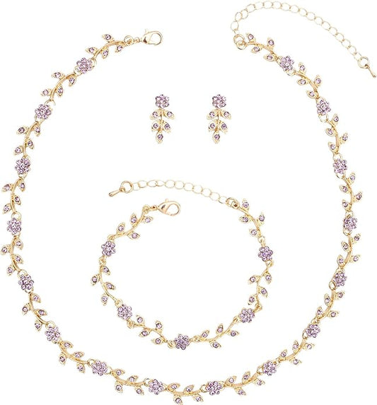 Austrian Crystal Rhinestone Choker Necklace Dangle Earring Link Bracelet Jewelry Set for Brides Bridesmaid Prom Costume Accessories for Women