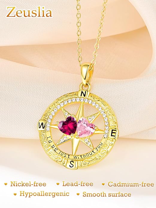 Zeuslia Double Birthstone Necklace Gifts for Wife - 925 Sterling Silver Sunflower/Rose/Crown Cross/Compass/Heart Pendant I Love You Necklace, Anniversary Birthday Gifts for Wife Girlfriend Mom Her