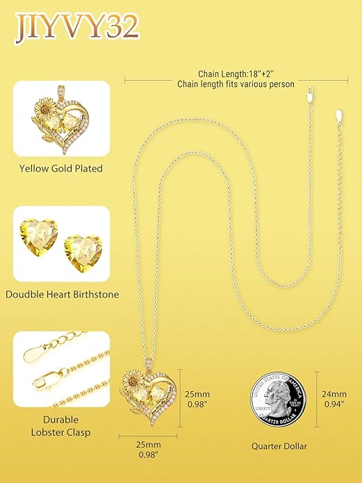 Sunflower Heart Necklace for Women 14K Gold Exquisite Anniversary Birthday Gifts for Wife Mother Her Double Birthstone Pendant jewelry‘You Are My Sunshine’