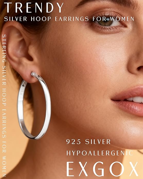 EXGOX 5mm Wide Gold Hoop Earrings for Women,Sterling Silver Hoop Earrings Large Silver Hoop Earrings Hypoallergenic Lightweight 14K Real Gold Plated Big Hoop Earrings for Women 30/40/50/60/70mm