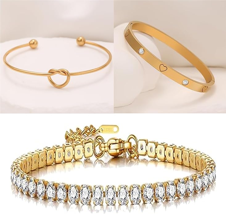 FAFUGA 18 K Gold Plated Love Bangle Bracelet Stack Cuff Jewelry for Women Jewelry Set for Women Gift with Box