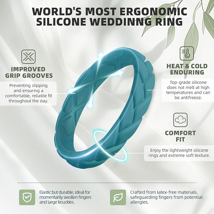 Egnaro Women's Silicone Stackable Rings 3.5mm Wide 2mm Thick, Rubber Flexible Hypoallergenic Wedding Bands For Workout Leaf Braided Fashion