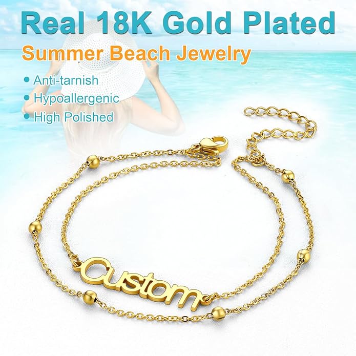 U7 Custom Layered Ankle Bracelets for Women Stainless Steel Bead/Cuban/Figaro/Rope/Wheat Chain Anklet Waterproof Anklet Jewelry for Beach Vacation