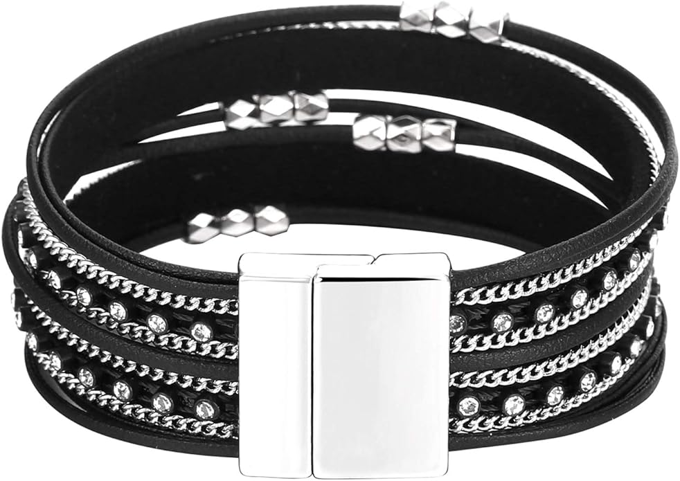 Fesciory Leather Wrap Bracelets for Women, Boho Leopard Multi-Layer Crystal Beads Cuff Bracelet Jewelry