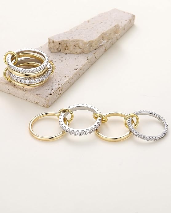 Gold Stackable Rings for Women, Non Tarnish 14K Gold Plated Cubic Zirconia Mixed Metals Stacking Connected Rings Set Jewelry Gifts