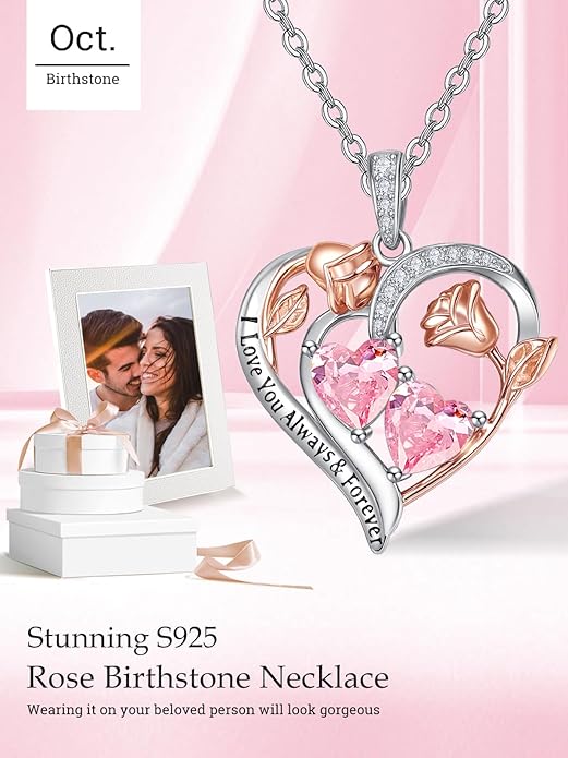 Zeuslia Double Birthstone Necklace Gifts for Wife - 925 Sterling Silver Sunflower/Rose/Crown Cross/Compass/Heart Pendant I Love You Necklace, Anniversary Birthday Gifts for Wife Girlfriend Mom Her