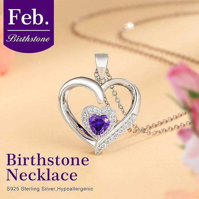 GLIVEOR Heart Birthstone Necklace for Women,S925 Sterling Silver Necklace Birthstone Necklace Heart Necklace for Women Birthday Jewelry Gifts for Women