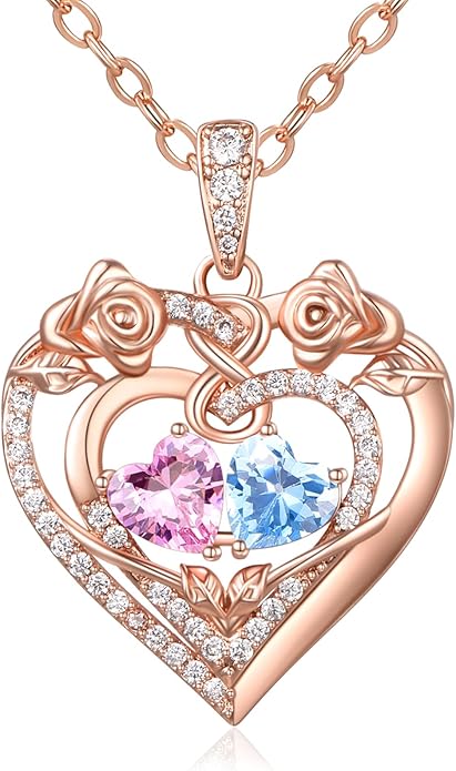 JIYVY32 Rose Heart Necklace for Women Exquisite 925 Sterling Silver Anniversary Birthday Gifts for Wife Mom Her Double Birthstone Pendant Jewelry