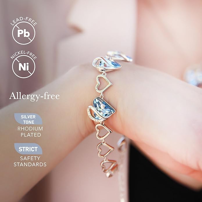 Leafael Infinity Love Heart Link Bracelets, Birthstone or Healing Stone Crystal Bracelet for Women, Silver Tone Jewelry Gifts for Her, 7-inch Chain and 2-inch Extender