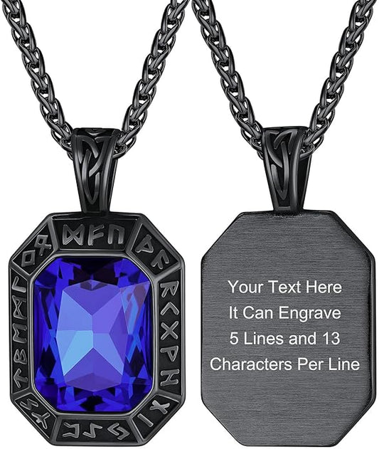 ChainsHouse Viking Rune Pendant Necklace for Men Women, Punk Biker Black Metal/316L Stainless Steel Onyx Norse Vintage Amulet Necklaces with Black/Red/Green/Blue Gemstone, Send Gift Box