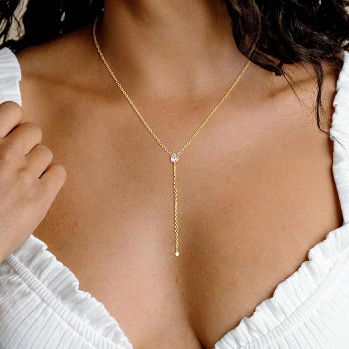 Lariat Necklace for Women, Dainty Long Necklaces, 14k Gold/Silver Plated Y-Shaped Drop Chain Necklace, Simple Layered Necklaces, Trendy Jewelry Gifts for Her