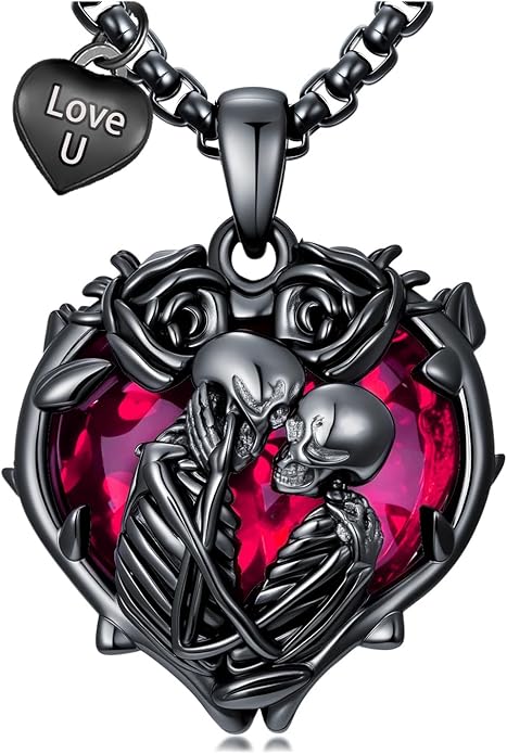 Flpruy 925 Sterling Silver Black Gothic Jewelry Gifts Skeleton Couple Pendant Crystal Birthstone Heart Necklace Punk Romantic Jewelry for Lover Men Women