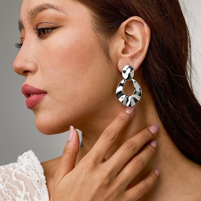 Hefanny Large Hammered Teardrop Dangle Earrings Geometric Chunky Flower Earrings Women's Trendy Statement Jewelry Multiple Styles