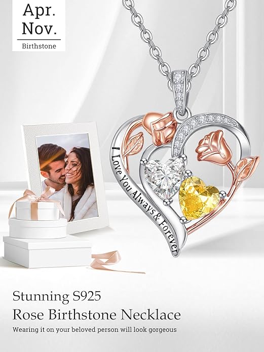 Zeuslia Double Birthstone Necklace Gifts for Wife - 925 Sterling Silver Sunflower/Rose/Crown Cross/Compass/Heart Pendant I Love You Necklace, Anniversary Birthday Gifts for Wife Girlfriend Mom Her