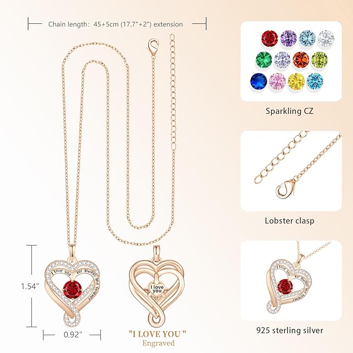 Birthstone Heart Necklaces for Women, Infinity Pendent S925 Sterling Silver Jewelry for Women, Wedding Anniversary, Birthday Mother’s Day Gifts for Mom, Mother, Wife, Girlfriend