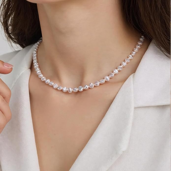 Natural Pearls Choker Necklace for Women Freshwater Baroque Pearl Strand Necklace Chain Cultured Baroque Pearl 18K Gold Plated & S925 Sterling Silver Clasp Choker
