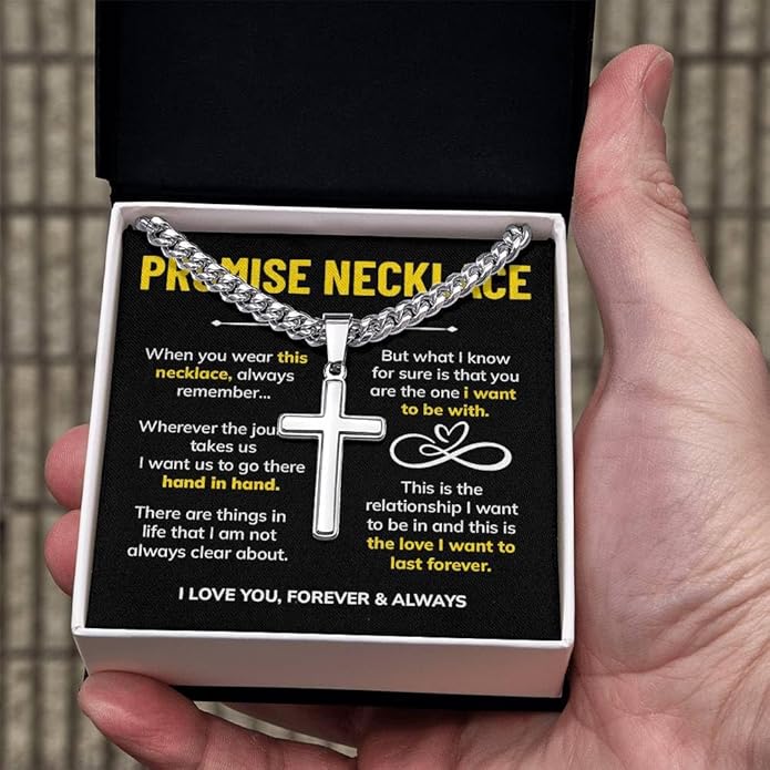 FLAGISTA Promise Cross Necklace for Him – Stainless Steel Cross Pendant with Cuban Link Chain, Meaningful Promise Gift for Husband, Boyfriend or Loved One.