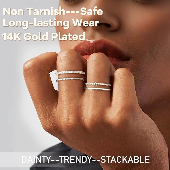 Florideco Stackable Rings for Women Non Tarnish Dainty 14K Gold Plated Stacking Thin Ring Set Trendy Statement Minimalist Cubic Zirconia Band Rings Promise Engagement Rings Size 5-10