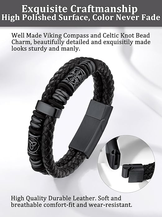Bestyle Genuine Men Leather Bracelets Fashion Stainless Steel Celtic/Sport Ball Bead Cuff Wirstband Bracelets for Men, Size 7.5/8.3/9.1Inch