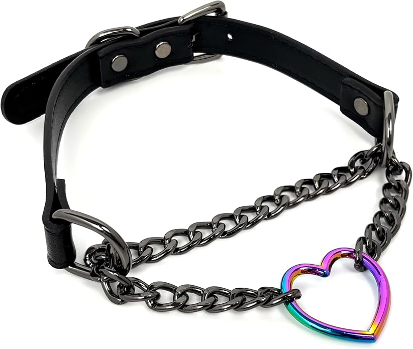 Black Leather Choker Collar For Women, Handmade Heart Slip Chain Choker Long Necklace with Adjustable Buckle