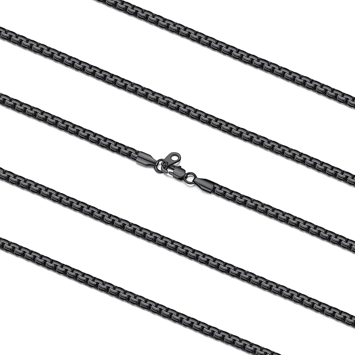 FaithHeart Mens Black/Silver/Gold Stainless Steel Flat Box Link Chain Necklace, Stylish 2/4/6/8mm Width Box Chains Necklaces for Men Non Tarnish Hip Hop Chain Jewelry Gifts,14"-30" Length