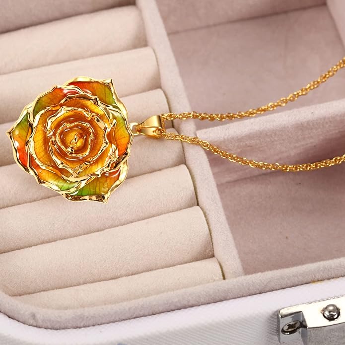 AliveRose Real Rose Gold Dipped Necklace Gifts for Women, 24K Gold Dipped Rose Pendant Necklace Jewelry Mothers Day Anniversaries Birthday Christmas Special Occasions Gifts for Her Mom Wife