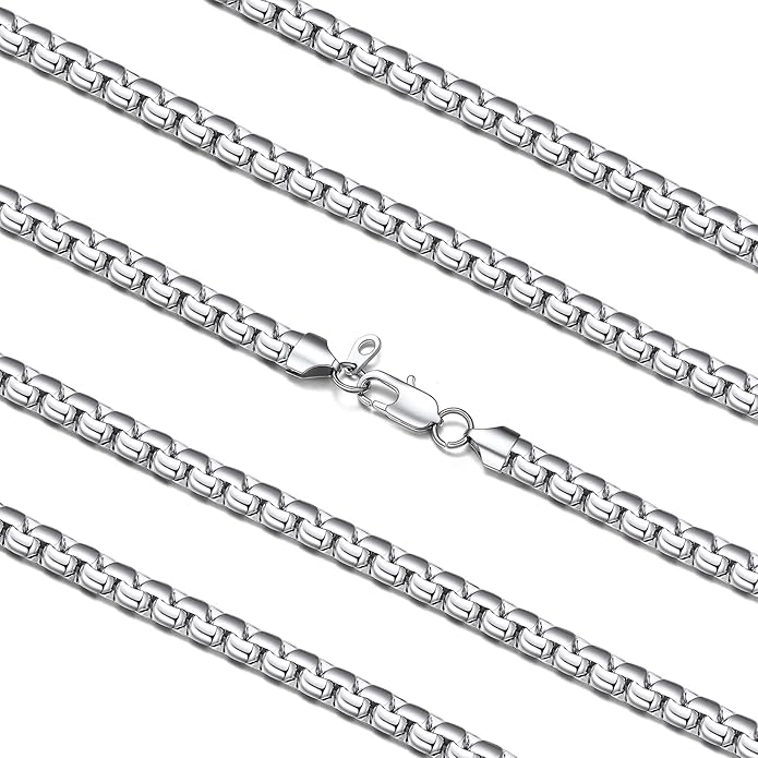 FaithHeart Mens Black/Silver/Gold Stainless Steel Flat Box Link Chain Necklace, Stylish 2/4/6/8mm Width Box Chains Necklaces for Men Non Tarnish Hip Hop Chain Jewelry Gifts,14"-30" Length