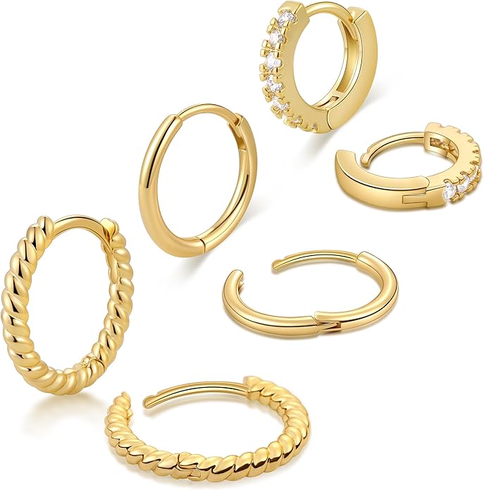 micuco 3 Pairs Small Hoop Earrings Set for Women, 14K Gold Plated Huggie Hoop Earrings for Men, Tiny Cartilage Hypoallergenic Earring Set