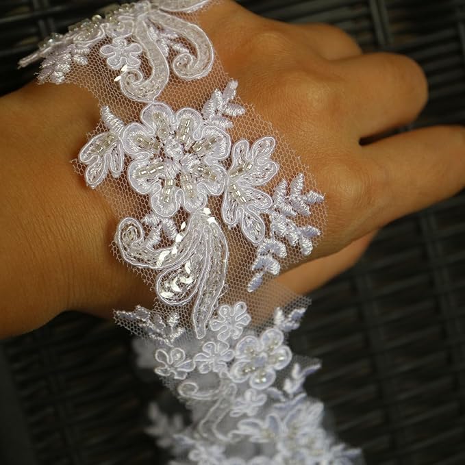 G-RUI 6cm*2yards Pure White Luxury Beaded Embroidery Flower lace Appliques for Wedding Dresses Rhinestone Applique Patches Embroidery lace parches ropa (Pure White Color)…